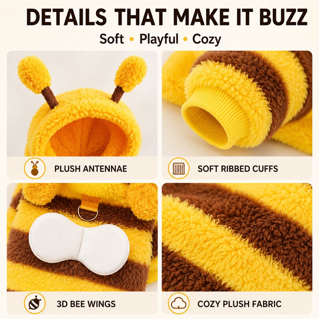 Paws in Awe Bumblebee Dog Costume for Small Dogs - Warm Plush Winter Outfit for Halloween, Photos & Chilly Days image 6