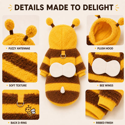 Bee hoodie dog costume with wings and fuzzy antennae