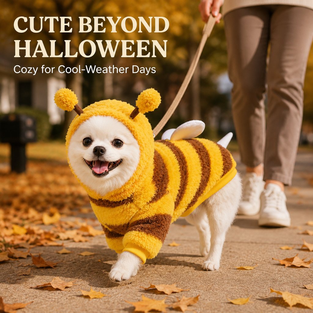 Cozy plush bee dog hoodie for Halloween photos