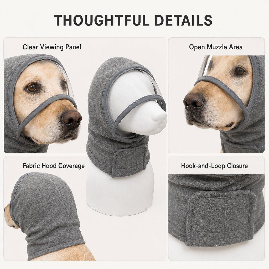 Paws in Awe Calming Dog Hood with Clear Viewing Panel, Gentle Head & Neck Wrap for Grooming, Thunderstorms, Fireworks & Travel Comfort image 8