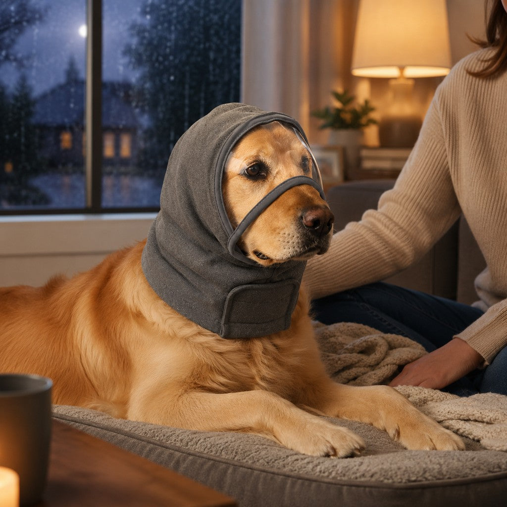 Paws in Awe Calming Dog Hood with Clear Viewing Panel, Gentle Head & Neck Wrap for Grooming, Thunderstorms, Fireworks & Travel Comfort image 1