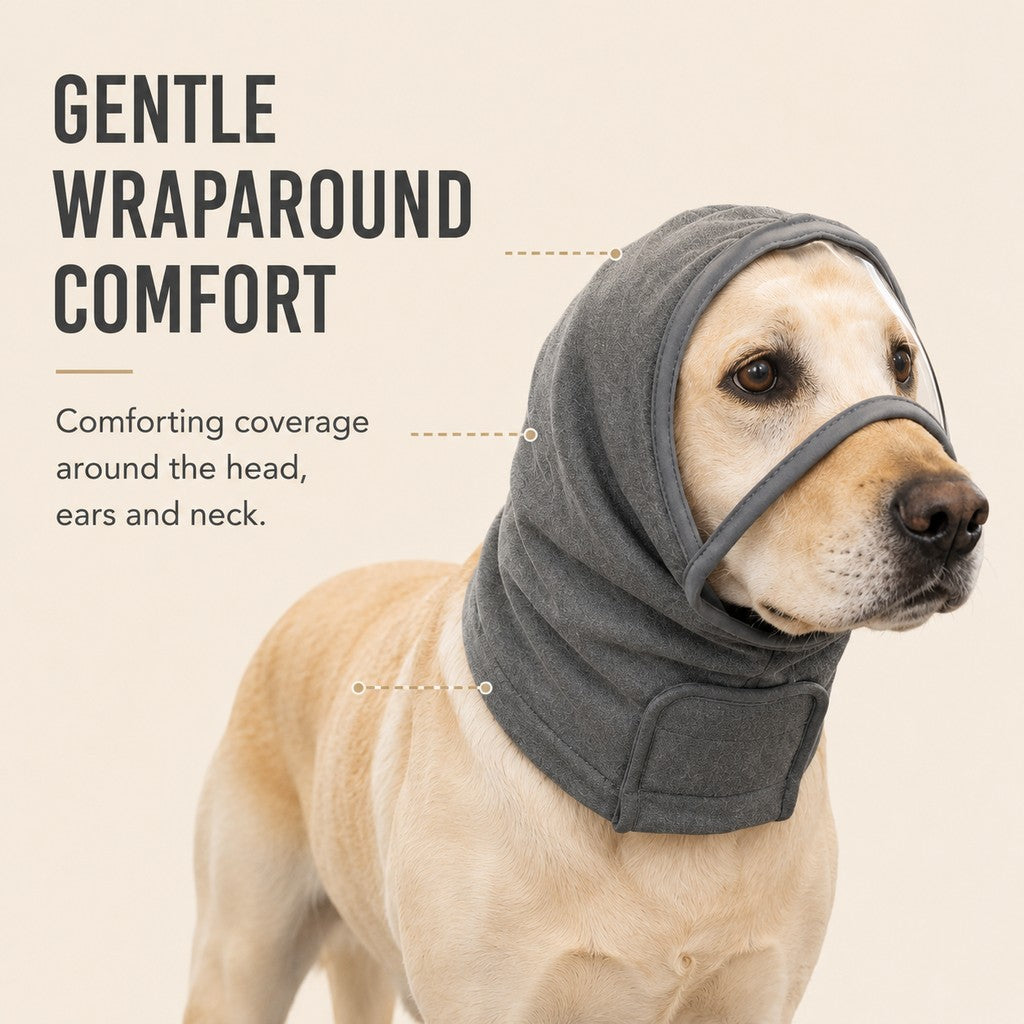 Paws in Awe Calming Dog Hood with Clear Viewing Panel, Gentle Head & Neck Wrap for Grooming, Thunderstorms, Fireworks & Travel Comfort image 4