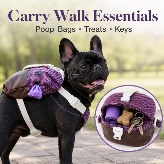 Dog backpack harness carries walk essentials