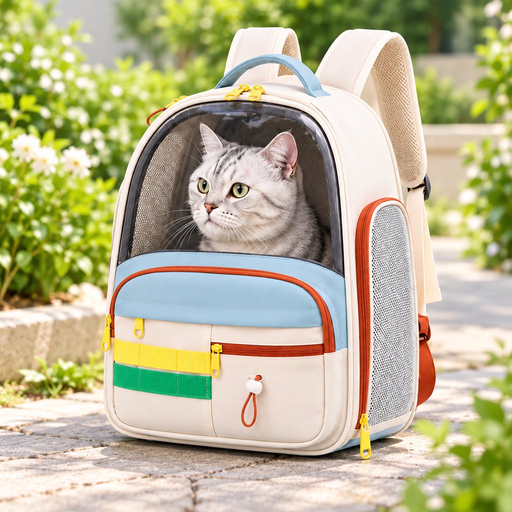 Multicolor breathable cat carrier backpack with cat inside on an outdoor garden walkway