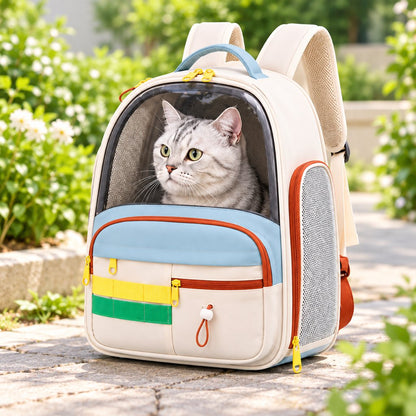 Multicolor breathable cat carrier backpack with cat inside on an outdoor garden walkway