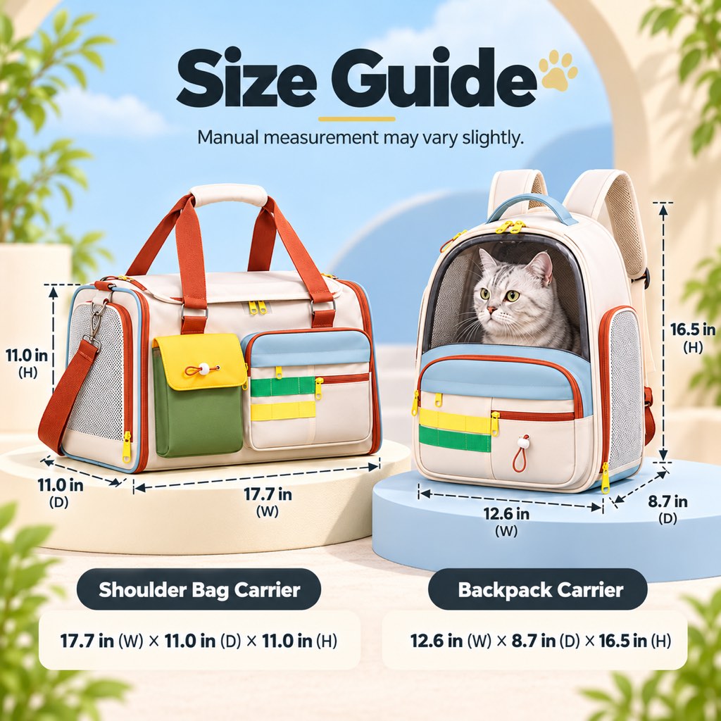 Size guide for backpack and shoulder bag pet carriers in inches