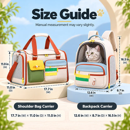 Size guide for backpack and shoulder bag pet carriers in inches