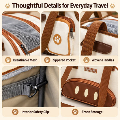 Cat carrier mesh, zipper, pocket, and interior clip details