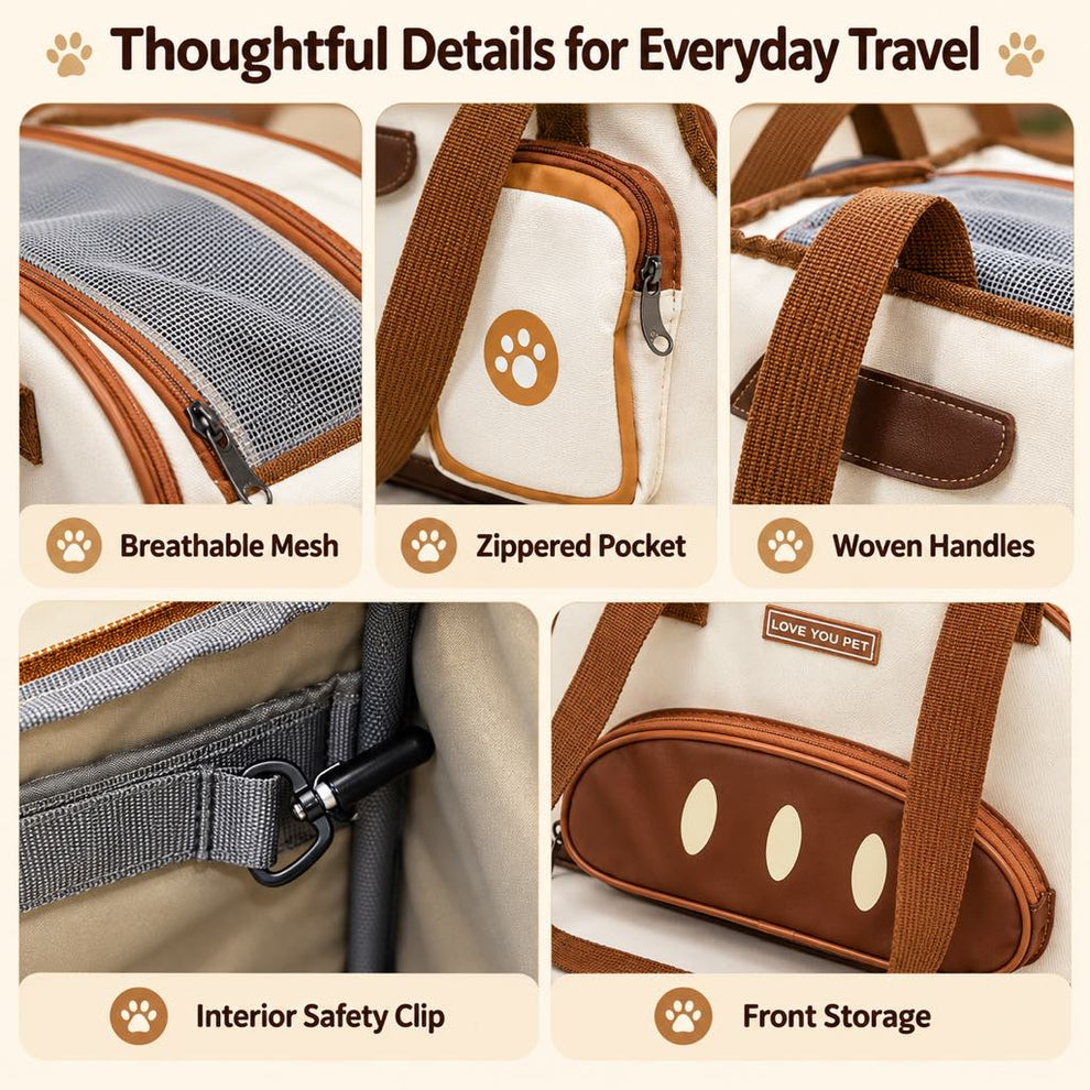 Cat carrier mesh, zipper, pocket, and interior clip details