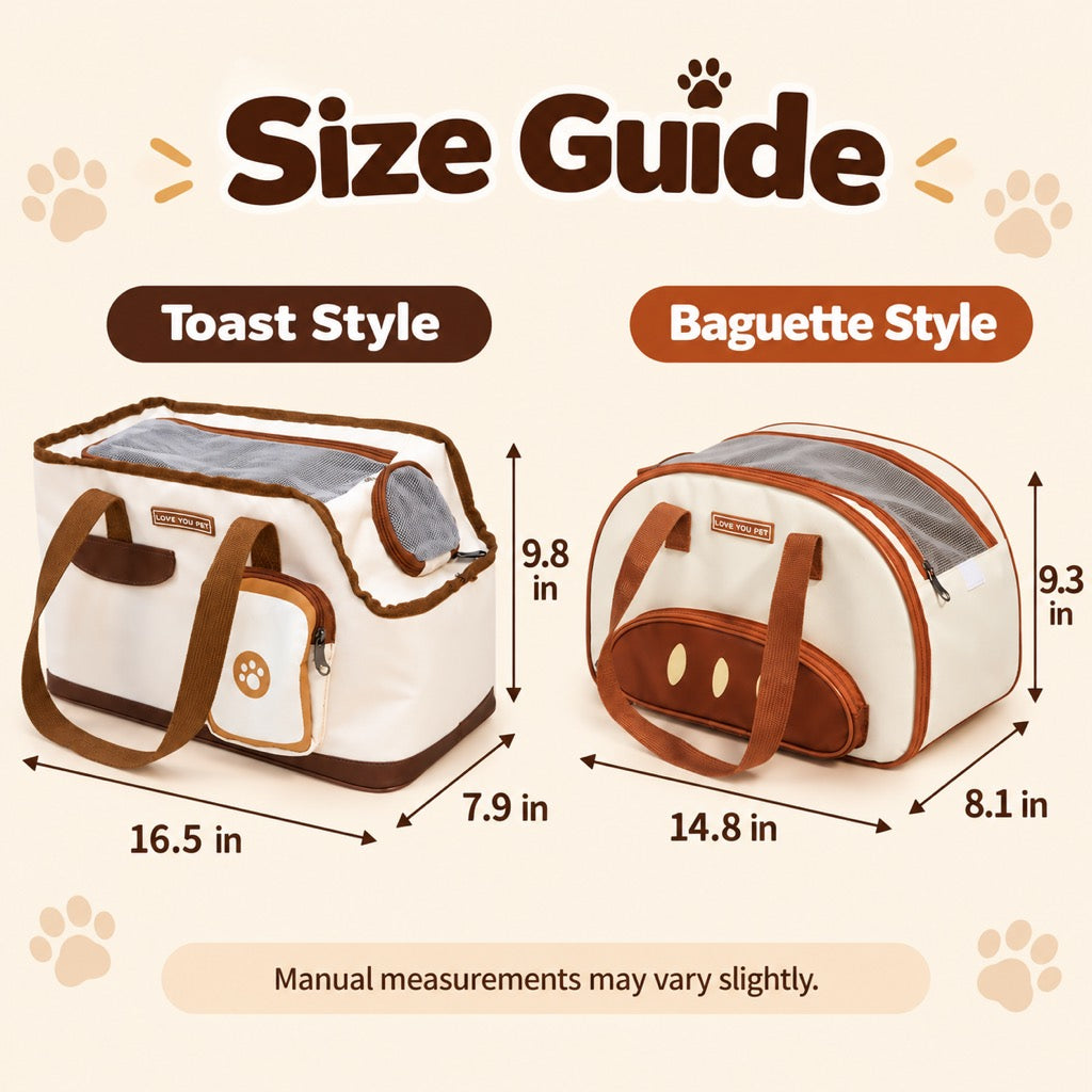 Exterior dimensions of Toast and Baguette cat carrier tote styles