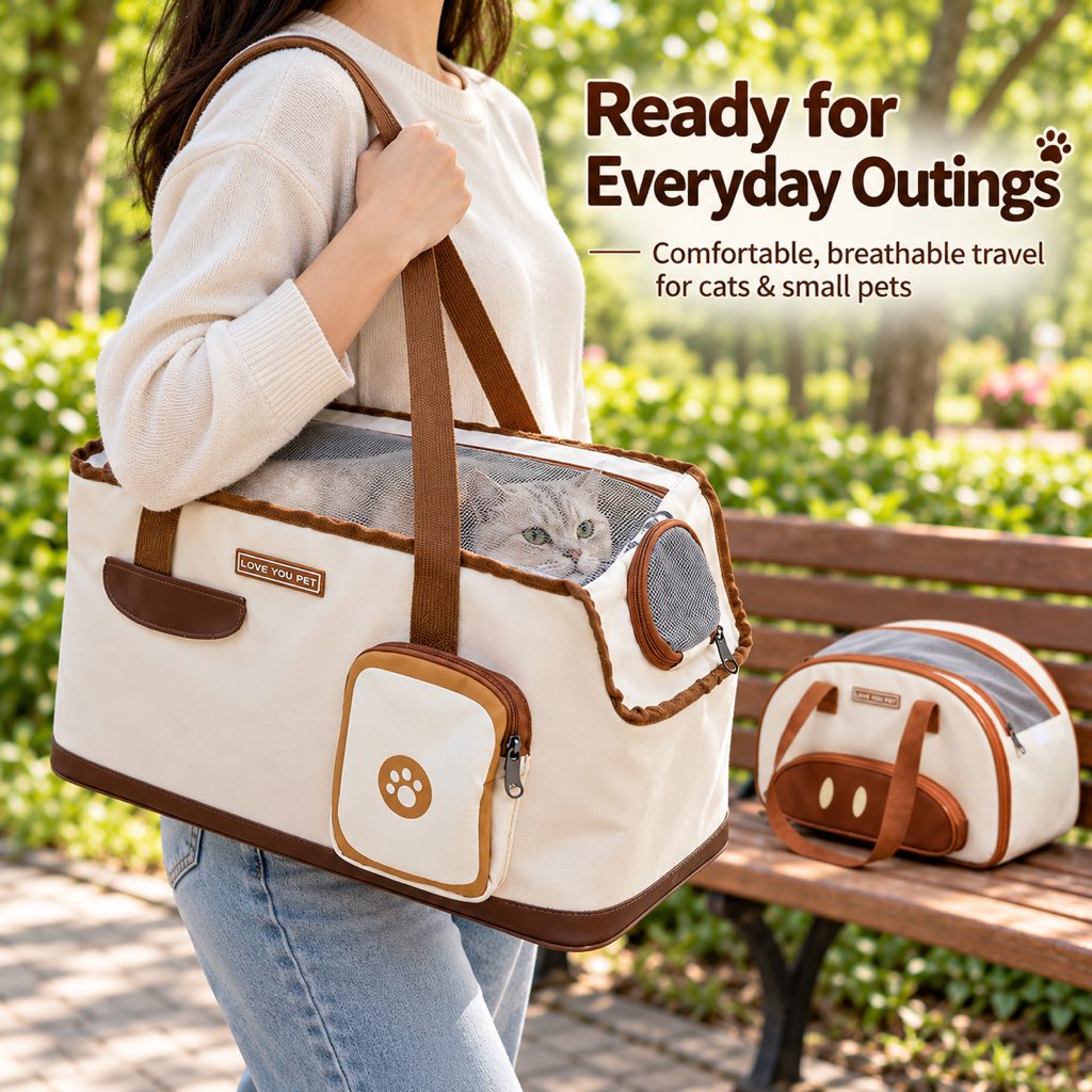 Cat carrier tote styles shown in an outdoor setting