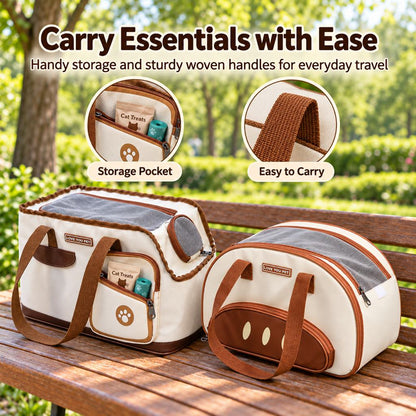 Cat carrier tote storage pocket and woven carry handles