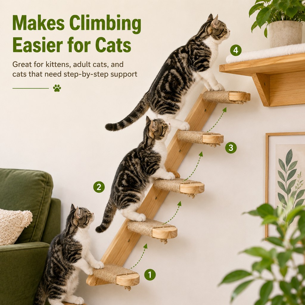 Wall-Mounted Solid Wood Cat Steps for Shelves & Perches - Space-Saving Jute Climbing Ladder image 2