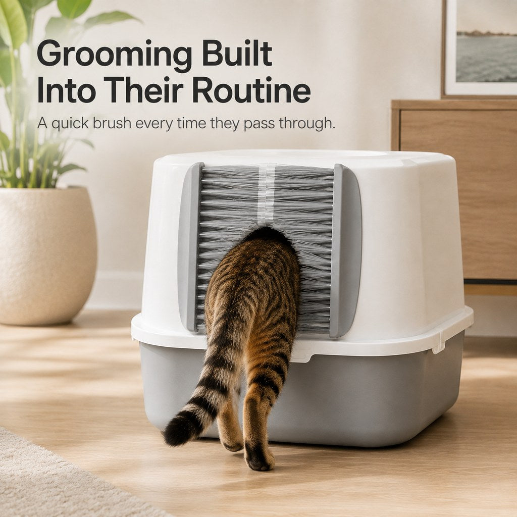 Paws in Awe Cat Litter Box Self-Grooming Brush Door – Automatic Loose Fur Catcher for Enclosed Litter Boxes & Cleaner Homes, 2-Piece Set image 2