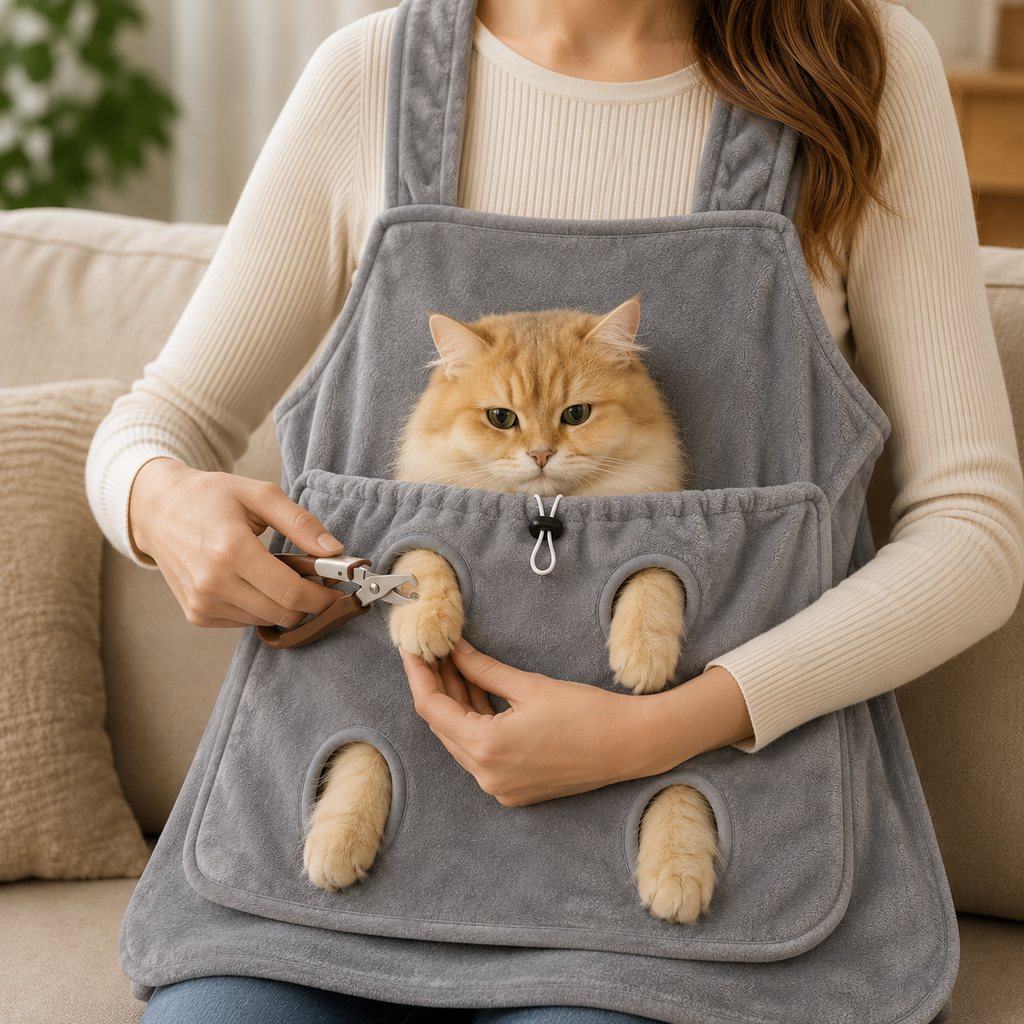 Cat grooming and cuddle apron with 4-paw access