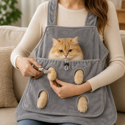 Cat grooming and cuddle apron with 4-paw access