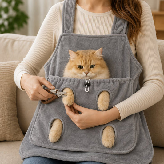 Cat grooming and cuddle apron with 4-paw access
