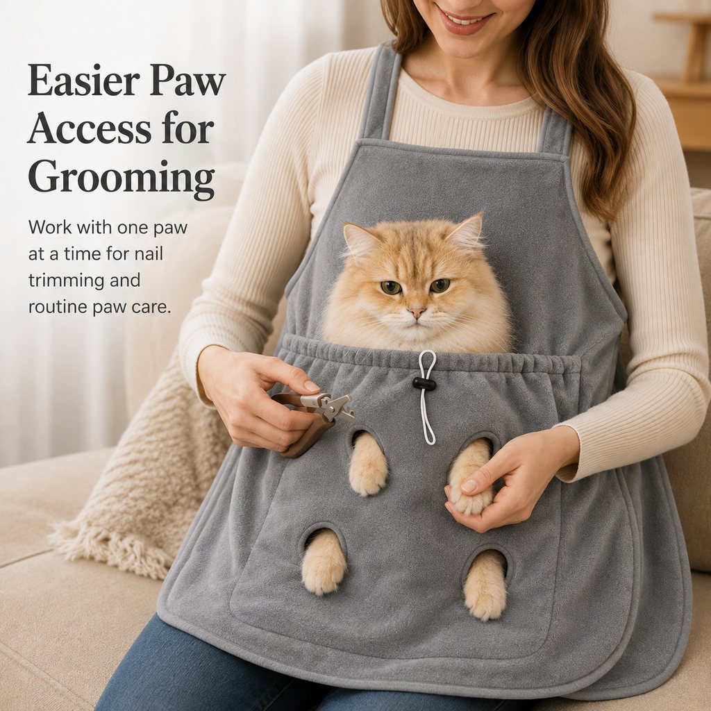 Wearable plush cat pouch apron for nail trimming