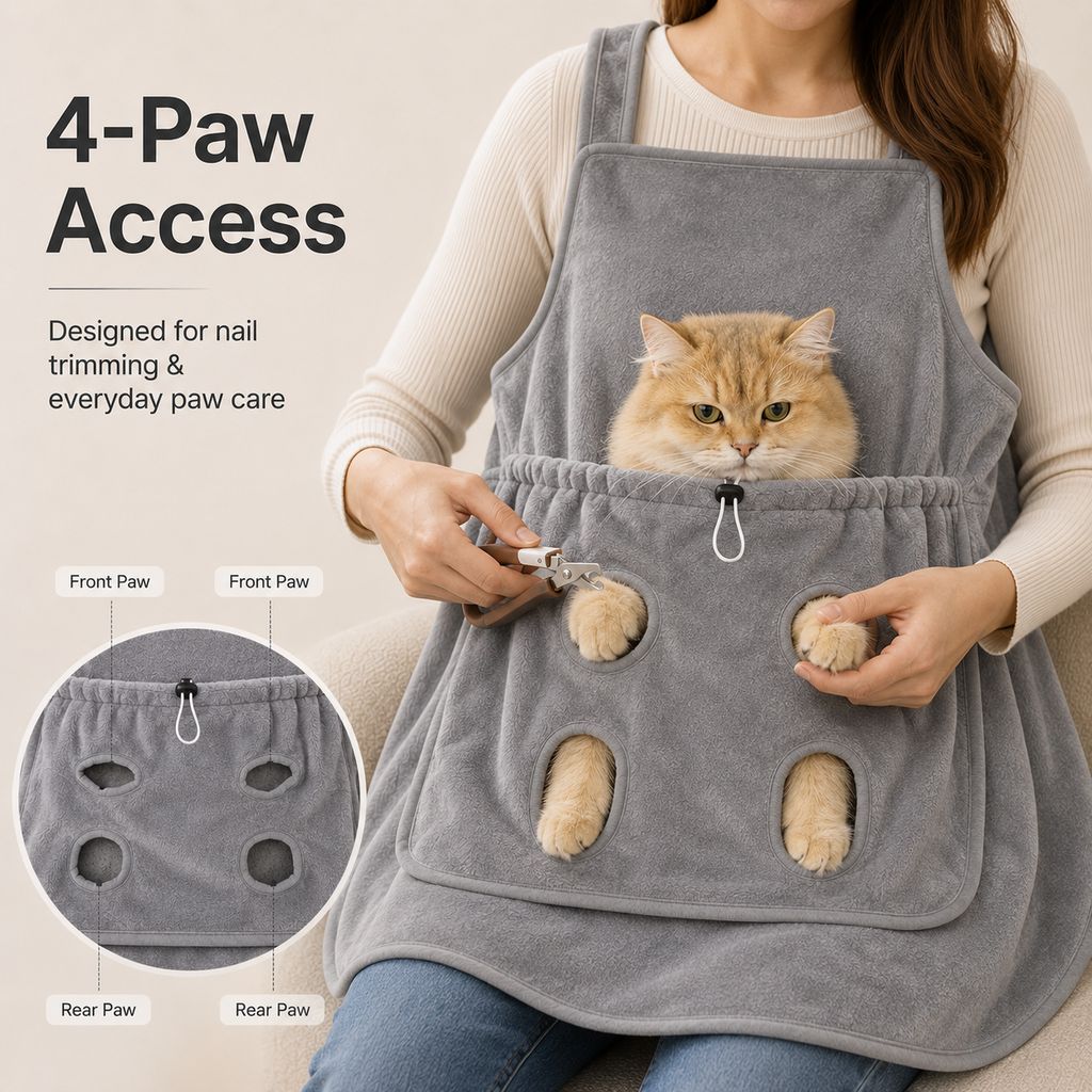 Cat grooming apron with four paw access openings