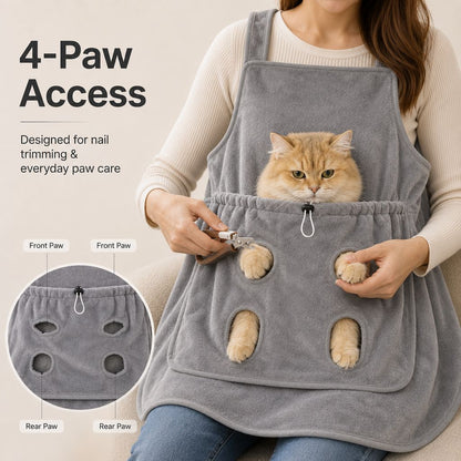 Cat grooming apron with four paw access openings