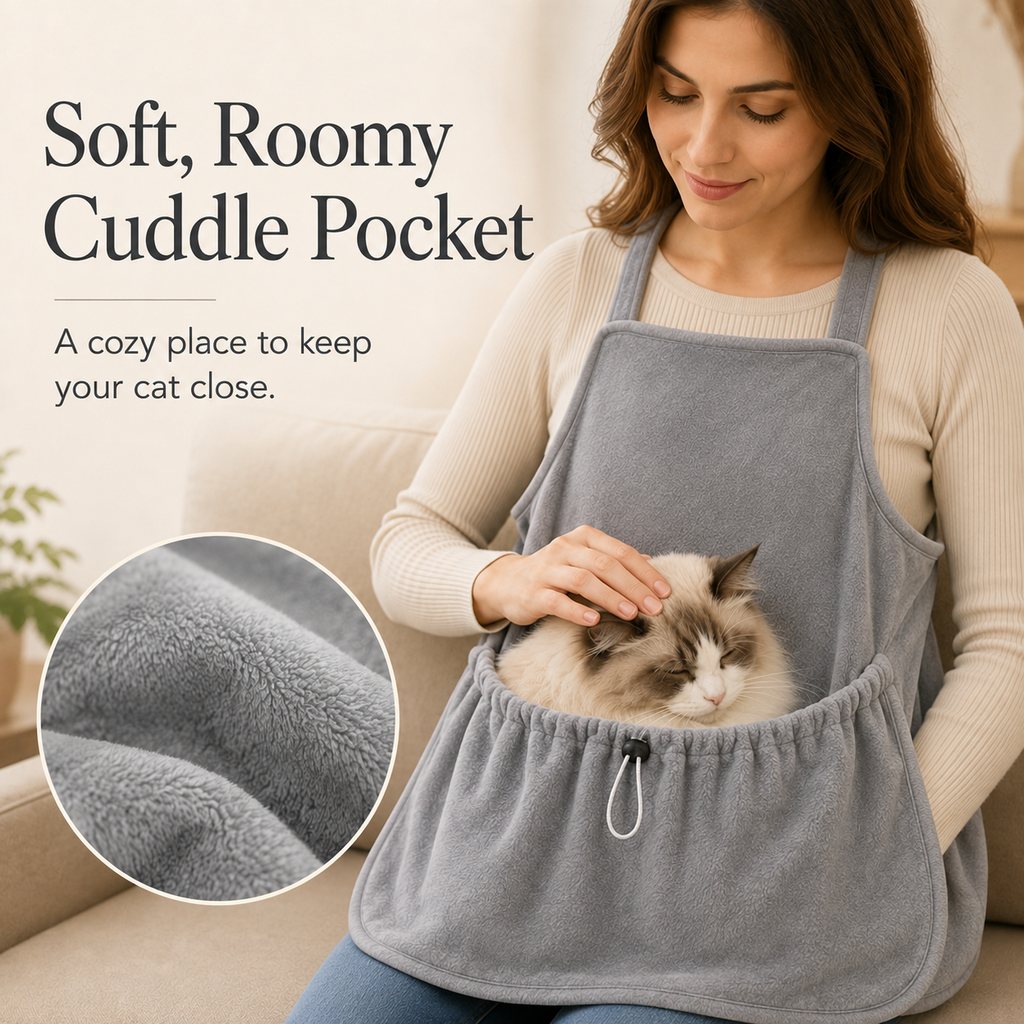 Gray cat cuddle apron with soft plush pocket