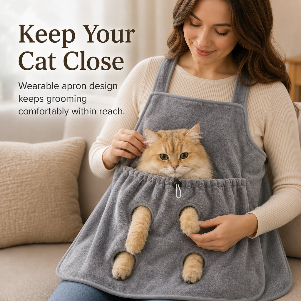 Cat nail trimming apron for seated at-home grooming