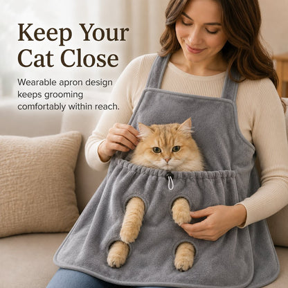 Cat nail trimming apron for seated at-home grooming