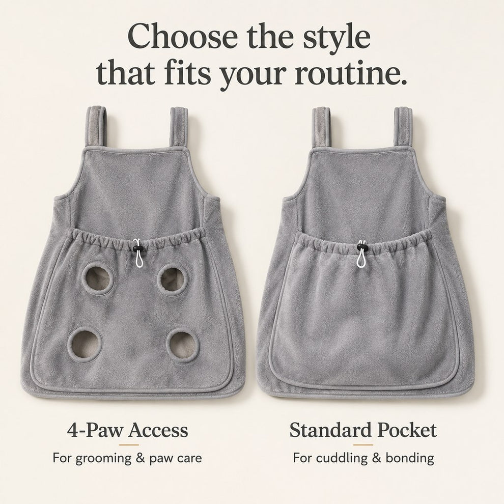 Cat grooming pouch with adjustable center drawcord