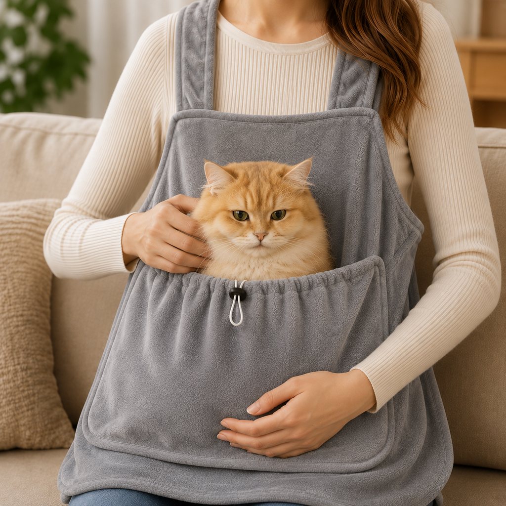 Wearable cat pouch for grooming and cuddling