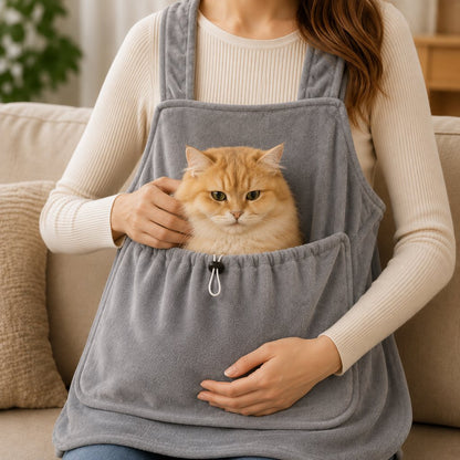 Wearable cat pouch for grooming and cuddling