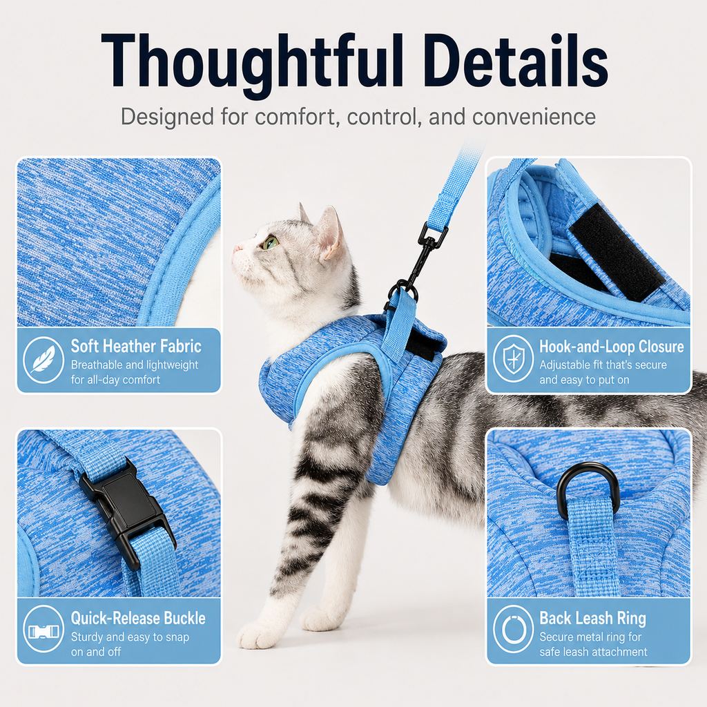 Paws in Awe Lightweight Cat Harness & Leash Set for Outdoor Walks - Breathable Adjustable Vest for Secure, Comfortable Control image 8