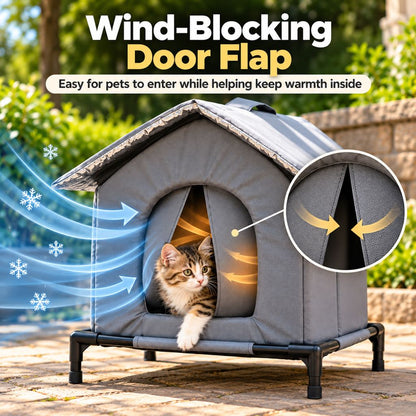 Split entrance flap on a gray outdoor cat shelter