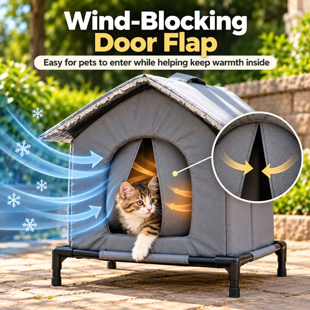 Split entrance flap on a gray outdoor cat shelter