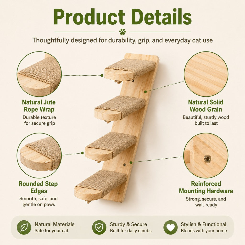 Wall-Mounted Solid Wood Cat Steps for Shelves & Perches - Space-Saving Jute Climbing Ladder image 5