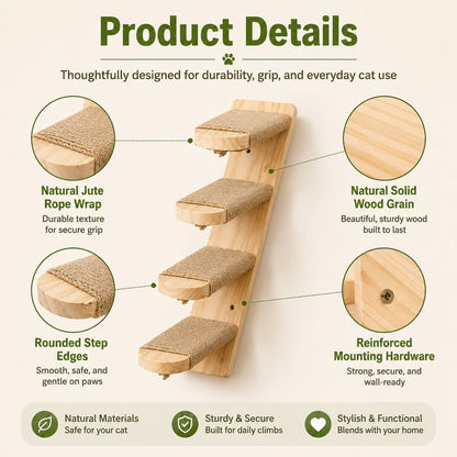 Wall-Mounted Solid Wood Cat Steps for Shelves & Perches - Space-Saving Jute Climbing Ladder image 5