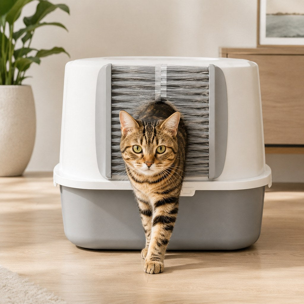 Paws in Awe Cat Litter Box Self-Grooming Brush Door – Automatic Loose Fur Catcher for Enclosed Litter Boxes & Cleaner Homes, 2-Piece Set image 1