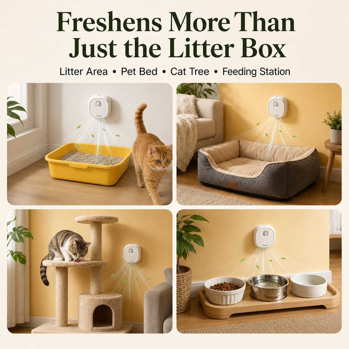 Cat litter deodorizer helps freshen litter area, pet bed, cat tree, and feeding station spaces.