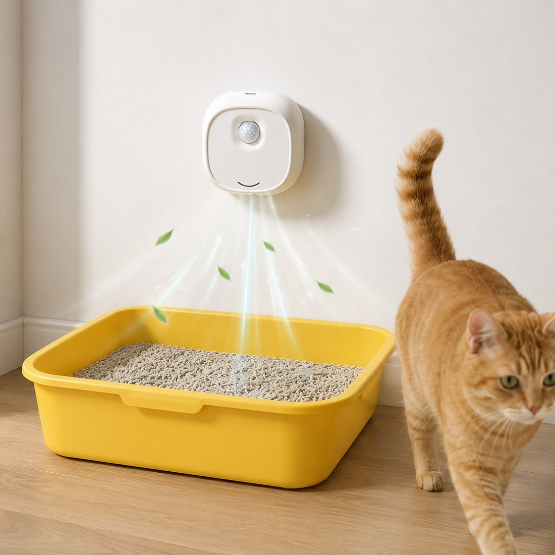 Smart cat litter box deodorizer mounted near a litter box for fresher everyday odor control.