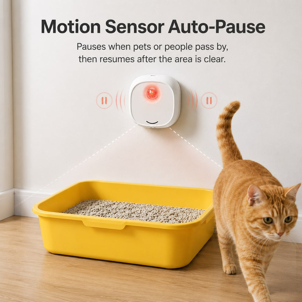 Motion sensor cat litter deodorizer pauses when pets or people pass by and resumes after the area is clear.