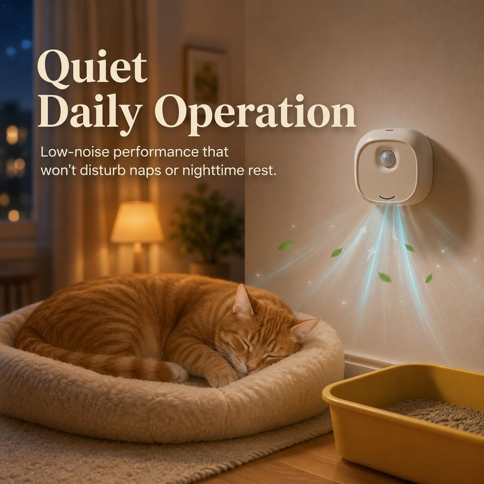 Quiet daily operation for cat litter deodorizer in bedrooms, bathrooms, and laundry rooms.