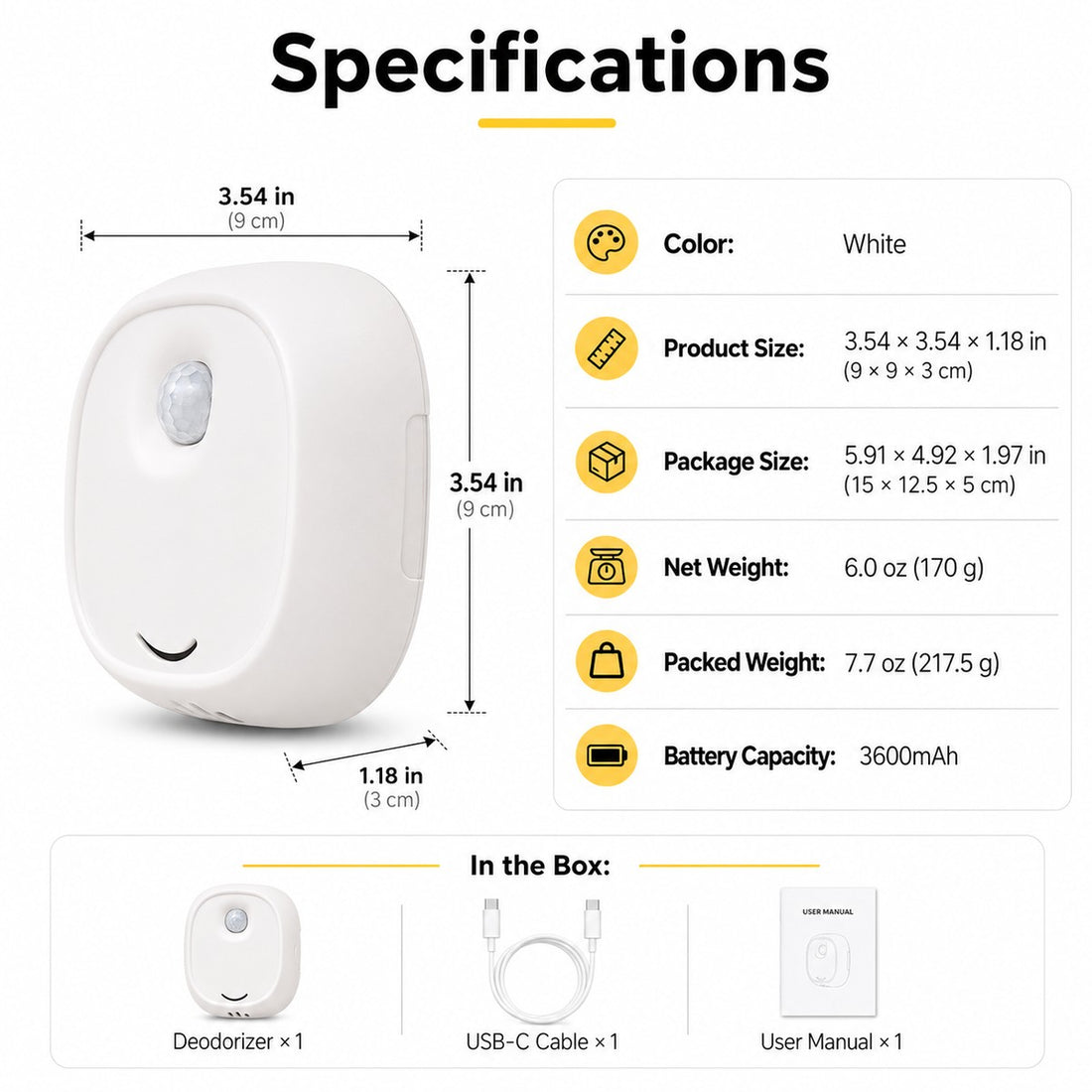 Cat litter deodorizer specifications, dimensions, battery capacity, and package contents.
