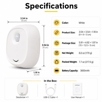 Cat litter deodorizer specifications, dimensions, battery capacity, and package contents.