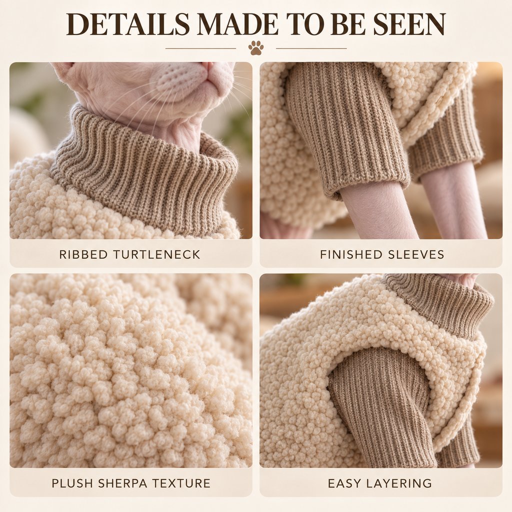 Cat turtleneck sweater and sherpa vest fabric and layering details