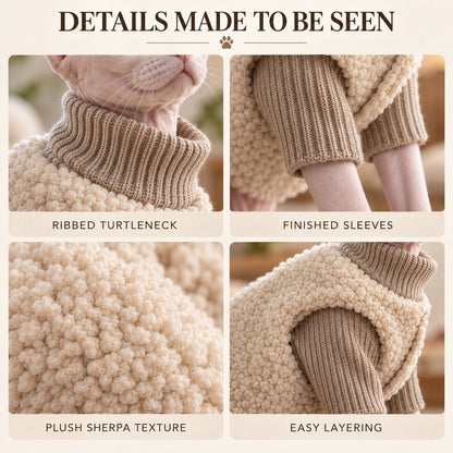 Cat turtleneck sweater and sherpa vest fabric and layering details