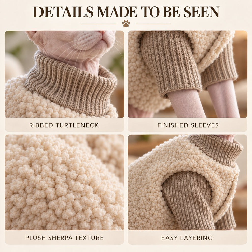 Cat turtleneck sweater and sherpa vest fabric and layering details