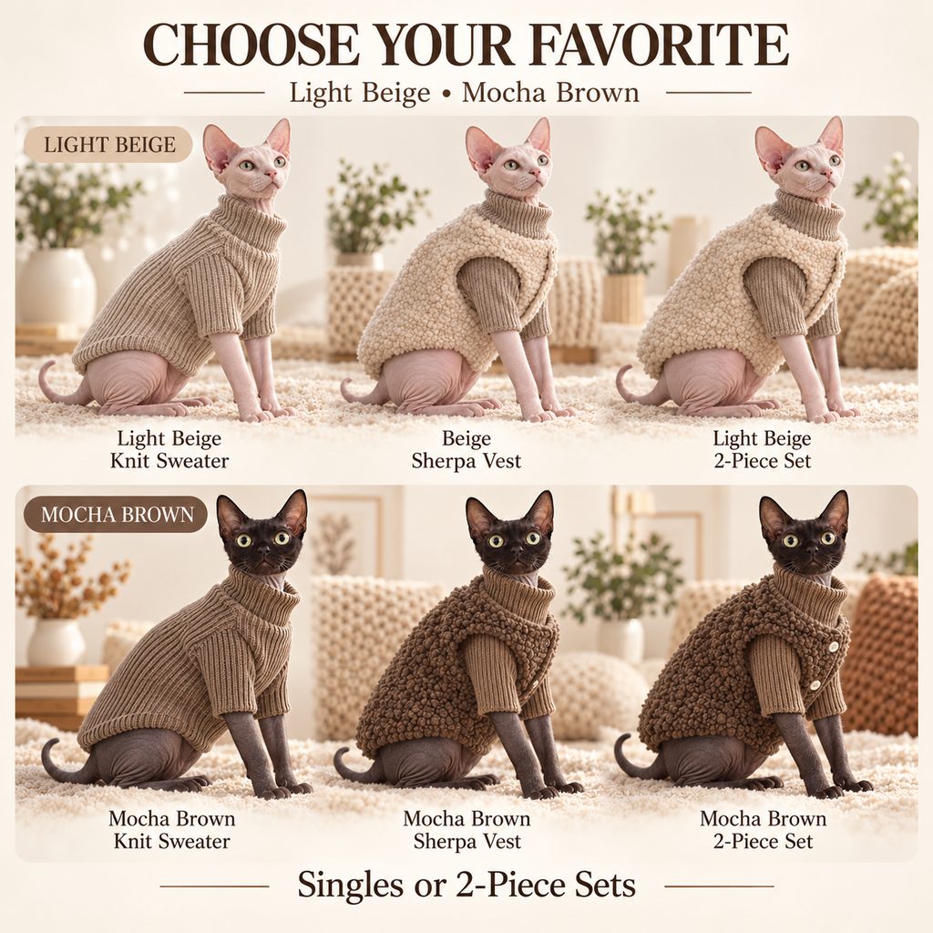 Six Light Beige and Mocha Brown cat sweater and vest style options