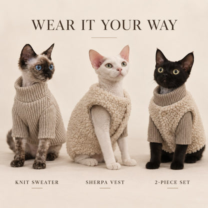 Cat knit sweater sherpa vest and two-piece set wearing options