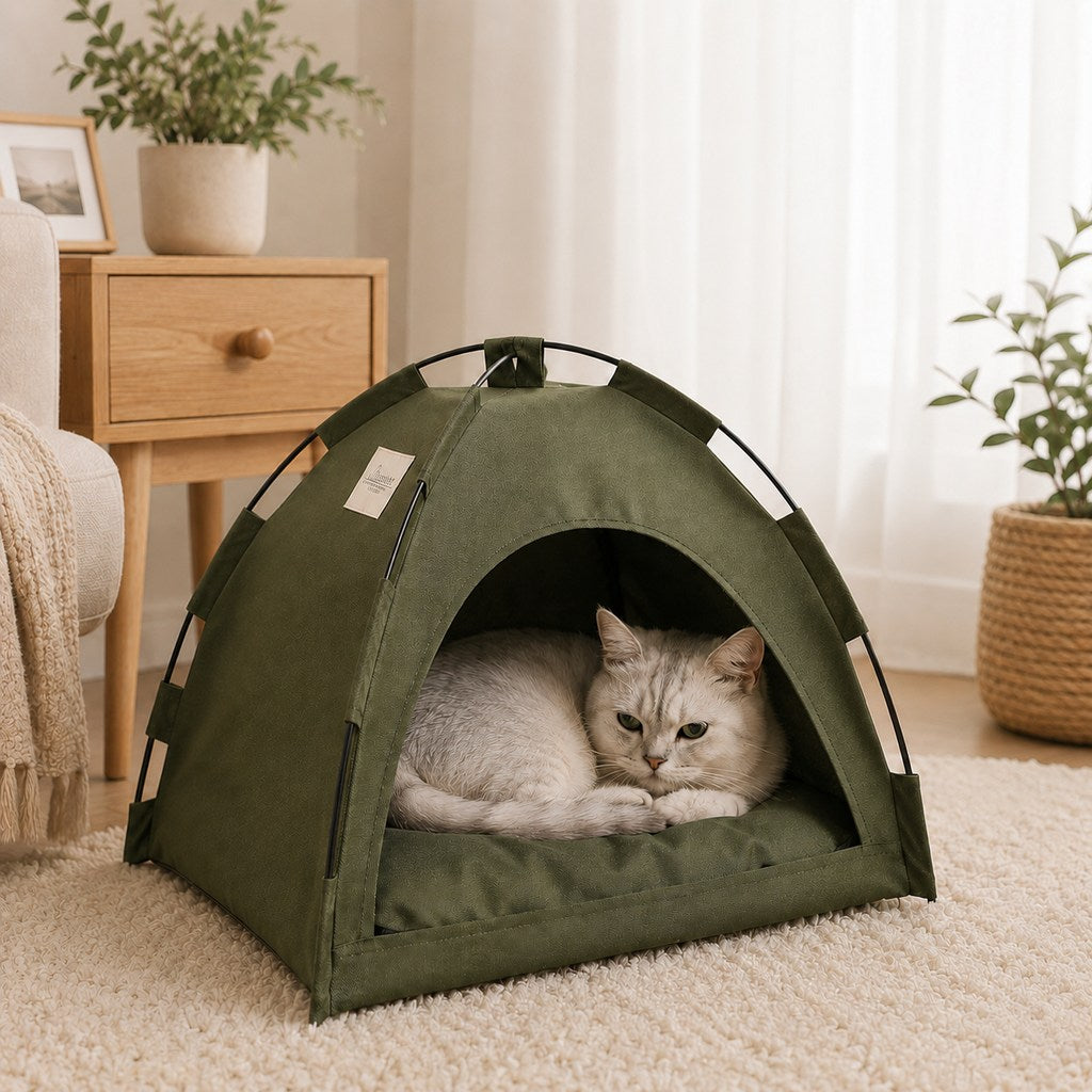 Paws in Awe Cozy Foldable Cat Tent Bed for Apartment Naps - Breathable Hideaway with Removable Cushion image 1