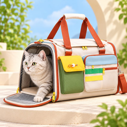 Multicolor soft-sided cat travel carrier shoulder bag with wide opening in an outdoor setting