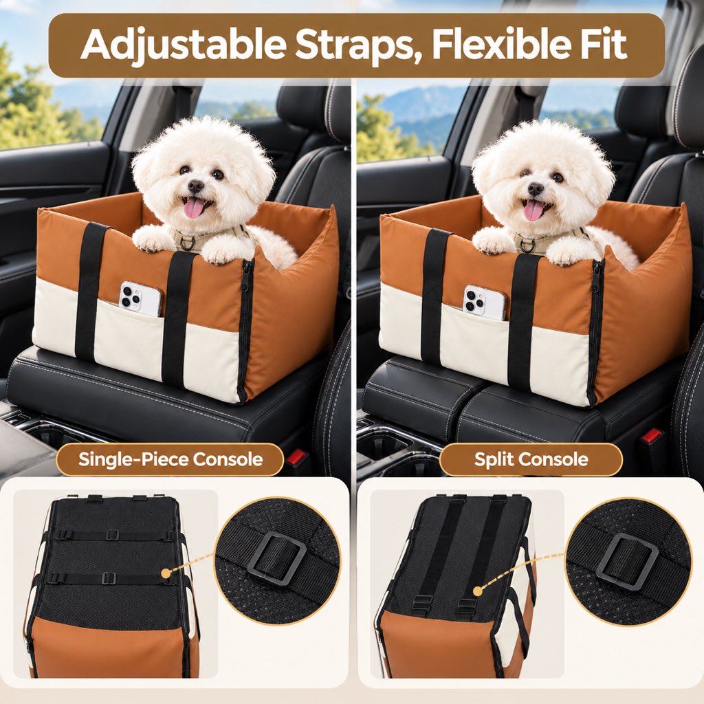 Adjustable mounting straps for compatible car center consoles